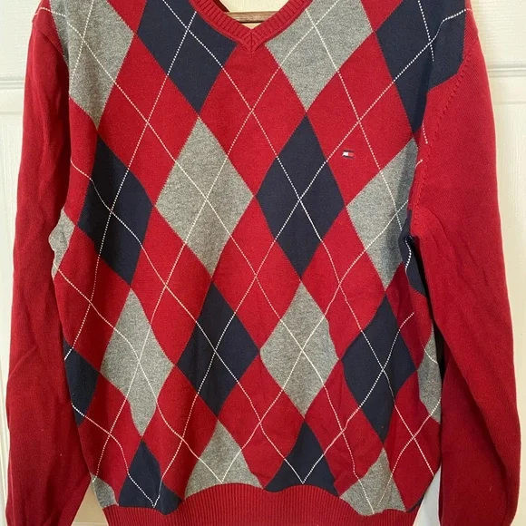 Tommy Hilfiger Men's V-Neck Red and Gray Sweater - Picture 1 of 5